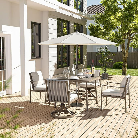 HAPPATIO 5-Piece Outdoor Dining Set for 4, Aluminum Patio Dining Set Includes 1 Large Square Table with Umbrella Hole, 2 Swivel Dining Chairs, and 2 Dining Chairs, for Lawn, Porch, Backyard (Grey)