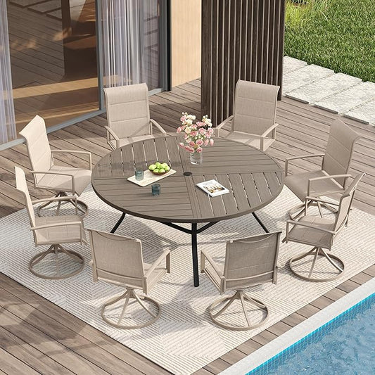 VICLLAX Round Patio Table with Adjustable Umbrella Hole for 8, All Weather Metal Outdoor Dining Table for Lawn Garden, 59.8" Outdoor Coffee Table, Grey Wood-Like Tabletop