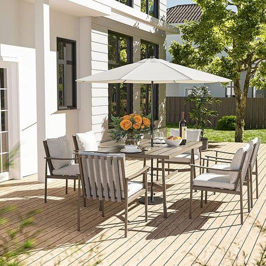 HAPPATIO 7-Piece Outdoor Dining Set for 6, Aluminum Patio Dining Set Includes 6 Dining Chairs and 1 Large Rectangular Table with Umbrella Hole, Patio Furniture Set for Lawn, Porch, Backyard, Grey