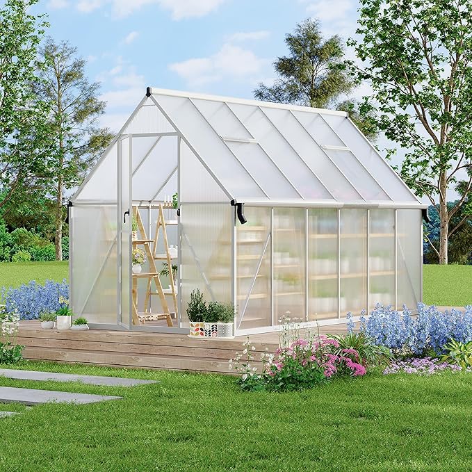 Polycarbonate Greenhouse for Outdoors, Large Walk-InGreenhouse with Quick Setup Structure and Roof Vent, Greenhouse with Ventilation