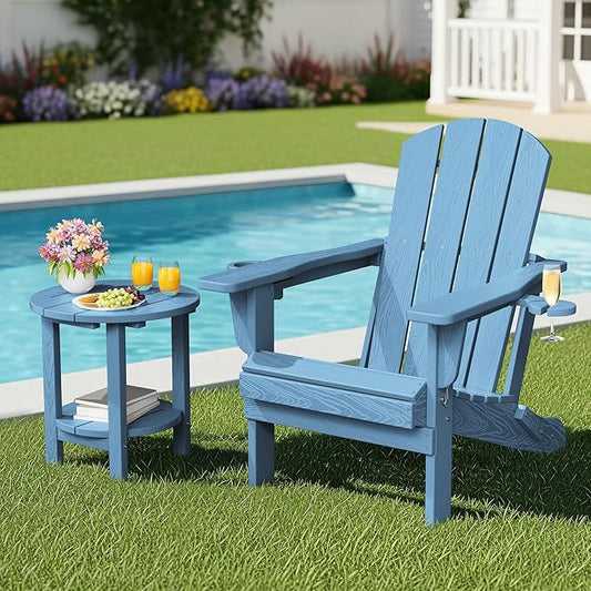 SERWALL Round Outdoor Side Table Set of 2, HDPE Small Adirondack Double End Table, Navy