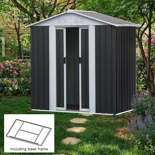 6x4 FT Outdoor Storage Shed with Base,Tool Shed with Sloped Roof and Lockable Door, Weather Resistant Metal Shed for Backyard Garden Patio Lawn,Grey