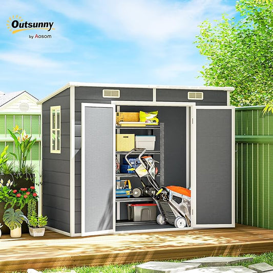 Outsunny 8' x 4' Outdoor Storage Shed, Plastic Shed with Vent, Window and Double Lockable Doors, Utility Resin Shed for Patio, Backyard, Lawn, Garage, Gray