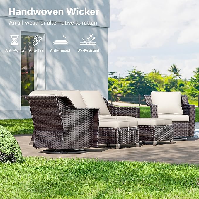 9 Pieces Wicker Patio Furniture, Luxury Outdoor Furniture with 2 Patio Swivel Chair, 2 Chair, 3-Seater Sofa, 2 Ottoman, 1 Coffee Table and 1 Side Table, Wide Armrest, Thickened Cushions