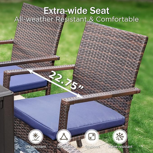 PHI VILLA 7 Piece Outdoor Dining Set for 6, 59” Rectangular Metal Steel Dining Table with Umbrella Hole & Cushioned Rattan Wicker Chairs for Patio, Deck, Yard, Porch