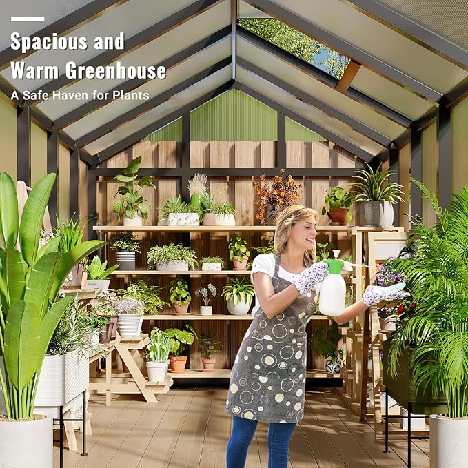 6x10 FT Greenhouse, Polycarbonate Walk-in Greenhouse for Outdoors with Roof Vent & Lockable Smooth-Gliding Sliding Door, Heavy-Duty Aluminum Green House for Garden, Backyard, Patio, Lawn, Dark Grey