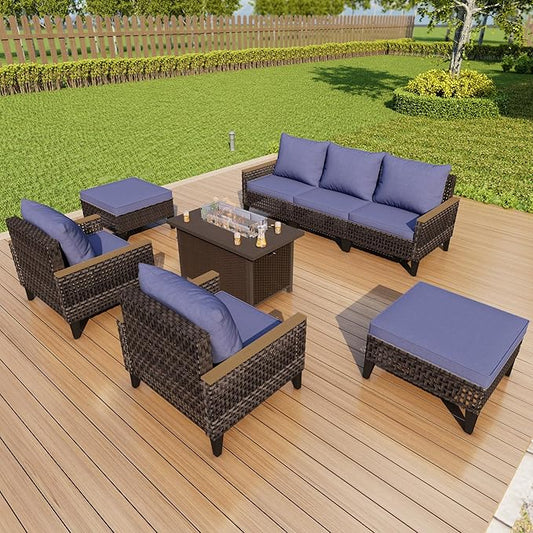 8 Pieces Outdoor Patio Furniture Set, Wicker Rattan Conversation Set with Fire Pit Table and Foot Rest, Sectional Modular Sofa Couches Chairs Ottomans for Deck, Balcony, Backyard, Yard (Blue Cushions)