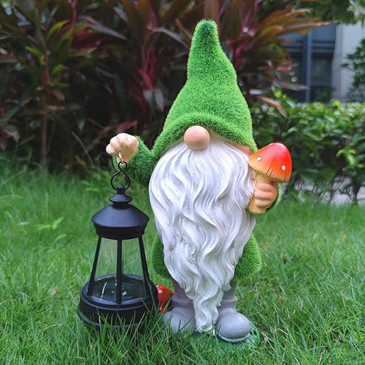 VIOYOUNS Solar Gnomes Garden Statues,Resin Gnome Figurine Holding Mushroom and Solar Lights Lantern,Outdoor Yard Art Decorations for Garden Patio Lawn
