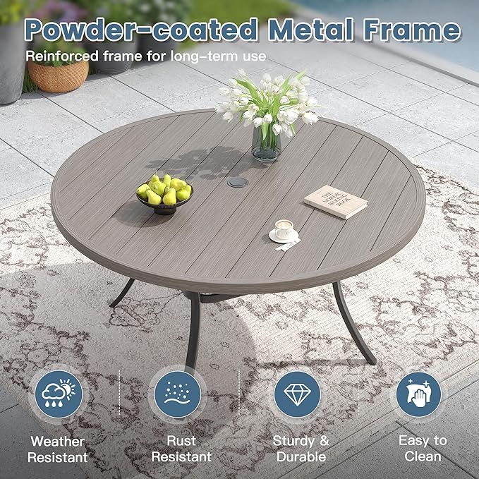 DIFY Patio Round Dining Table, 53" All Weather Round Outdoor Table with 1.57" Umbrella Hole for 8 Person, Perfect for Yard, Balcony and Lawn, Grey Wood-Like