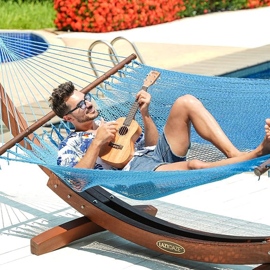 Lazy Daze Hammocks 10.5 FT Double 2 Person Caribbean Rope Hammock, Hand Woven Polyester Hammock with Spreader Bars, for Outside Outdoor Backyard Patio Poolside, 450 LBS Capacity, Sky Blue