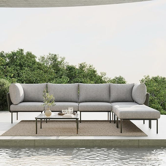 7 Piece Modern Outdoor Rope Wicker Sectional Patio L-Shaped Conversation Sofa Set Deep Seating with Thick Cushions