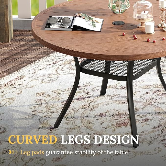 VICLLAX Round Patio Table with Adjustable Umbrella Hole, All Weather Outdoor Round Dining Table for Lawn Garden, 41.2"x 28" Walnut Wood-Like Outdoor Coffee Table