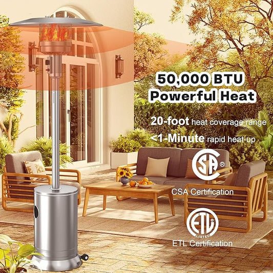 50,000 BTU Stainless Steel Propane Patio Heater, Double-Layer Burner with Round Table Design, Outdoor Space Heater with Wheels for Garden, Patio & Residential Use