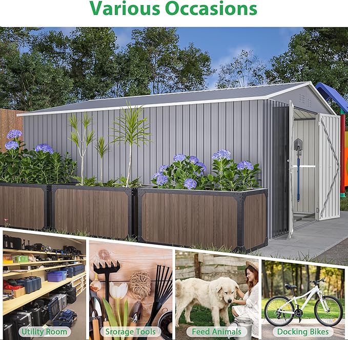 Outdoor Storage Shed, 11 X 13 FT Large Metal Utility Tool Sheds with Floor Frame, Steel Garden Shed for Backyard Garden Patio Lawn