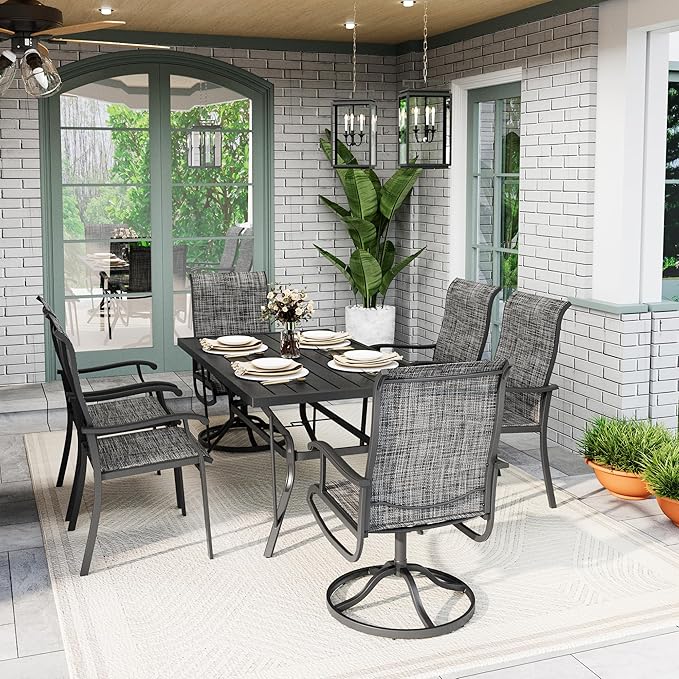 Pamapic 7-Piece Outdoor Dining Set, Patio Dining Set for 6, All-Weather Outdoor Patio Set with 2 Textilene Swivel Chairs & 4 Regular Chairs for Garden, Poolside, Deck,Gray