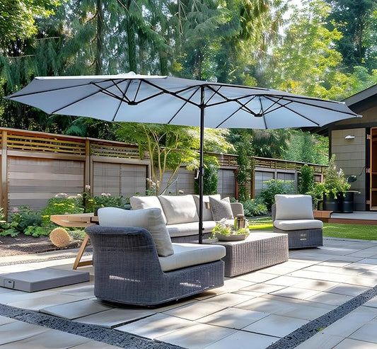 Bigroof 15ft x 9ft Patio Double-Sided Umbrella with Base & Crank, Extra Large Rectangular Outdoor Umbrella for Patio, Lawn & Garden, Beige