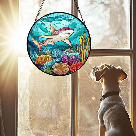 HKDGOKA Stained Glass Window Hanging Ocean Colorful Seaweed Shark 9.8" - Suncatcher Door Garden Sunroom Sun Catcher Home Decor Birthday Christmas for Mom Men Woman Nana
