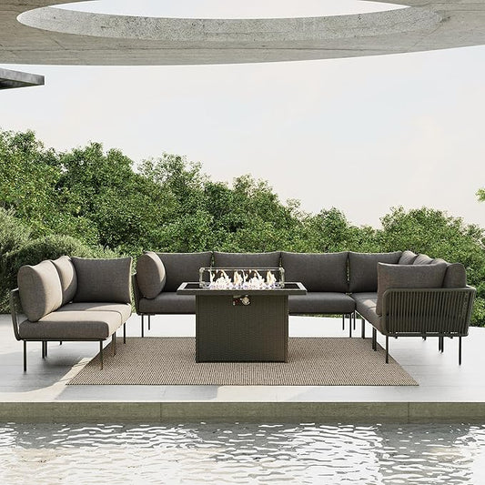 9 Piece Modern Outdoor Rope Wicker Sectional Patio L-Shaped Conversation Sofa Set Deep Seating with Fire Pit Table