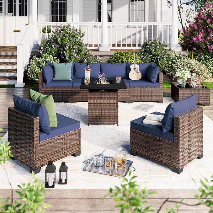7/8-Piece Patio Conversation Set with Fire Pit Table, Outdoor All-Weather Rattan Sofa Sectional, Handwoven Wicker Furniture for Backyard, Easy Assembly & Weather-Resistant Design