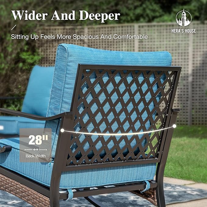 HERA'S HOUSE 6 Piece Metal Patio Furniture Set with 56" Fire Pit Table, All Weather Outdoor Conversation Set 7 Seats, 3 Seat Sofa, 2 Rocking Chair, 2 Fixed Chair for Backyard Garden Deck, Pacific Blue