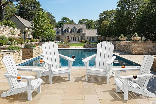 SERWALL Folding Adirondack Chair, Dual Cup Holders & All-Weather HDPE, Wood-Like Patio Chair for Backyard, Camping,Pool & Fire Pit- White