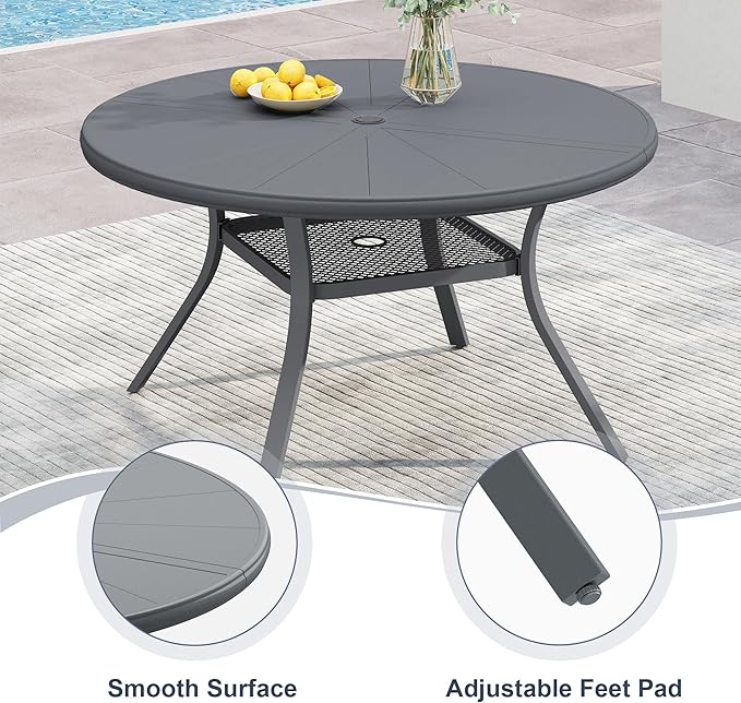 VICLLAX Round Patio Dining Table, 4 Person Aluminum Outdoor Dining Table with Umbrella Hole and Storage Shelf for Garden Lawn Deck, 40.6" Dark Grey