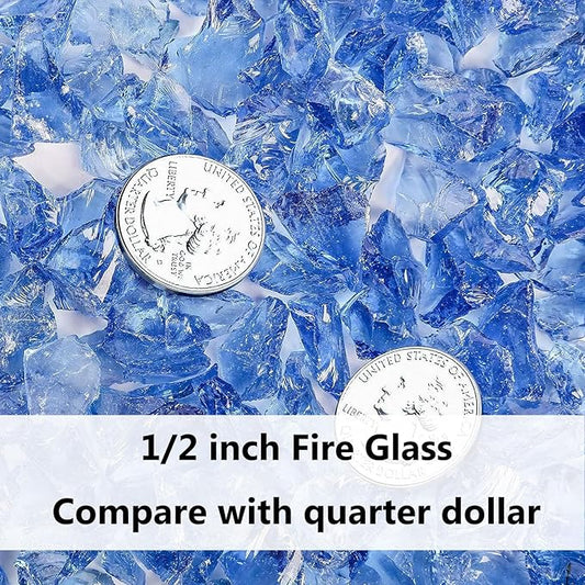 GRISUN Pacific Ocean Blue Fire Glass for Fire Pit, 20 Pounds 1/2 Inch Tempered Glass Rocks for Natural or Propane Fireplace, Safe for Outdoors and Indoors Firepit Glass