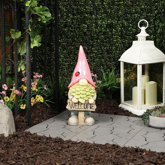 Alpine Corporation 19" Tall Outdoor Red Hat Holding “Welcome” Sign Gnome Statue, Stylish Weatherproof Garden Decor