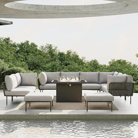 11 Piece Modern Outdoor Rope Wicker Sectional Patio L-Shaped Conversation Sofa Set Deep Seating with Fire Pit Table