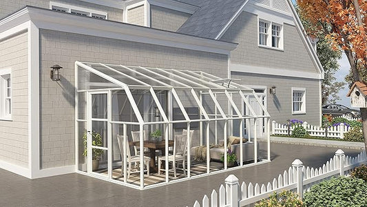 Palram Canopia Rion Sun Room 8 Ft. x 14 Ft. Solarium, Lean-to Greenhouse DIY Kit, Attach to House, Large Twin Wall Polycarbonate, 100% UV Protection for Porch, Patio Outdoors with Window Vent (White)