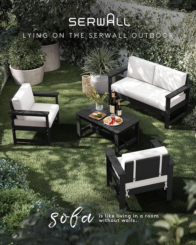 SERWALL 3 Pieces HDPE Outdoor Sofa Set with Cushions, All Weather Use Patio Couch Loveseat Furniture with Coffee Table for Balcony, Deck, Poolside, Black Frame with Khaki Cushions