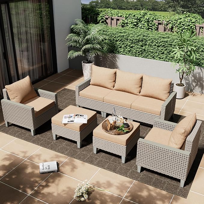 Outdoor Patio Furniture Set 7-Piece Modular Wicker Sectional Sofa with Ottomans and Thick Cushions, Modern Rattan Outdoor Conversation Couch for Garden Backyard, Khaki
