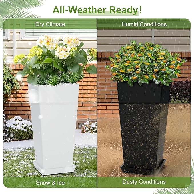 24" Tall Planters for Outdoor Plants, Set of 2 Large Outdoor Planters for Front Porch Decor with Drainage Hole, Front Porch Decor(White)
