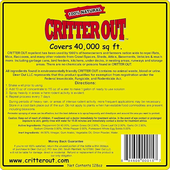 Mouse & Rat Repellent: Peppermint Oil Rodent Repellent, Get Rid of Rats, Mice & Rodents in Your Home & Outside, Protect Engine Wiring, Prevent Nesting, Stops Chewing. Critter Out 1 Gallon Concentrate