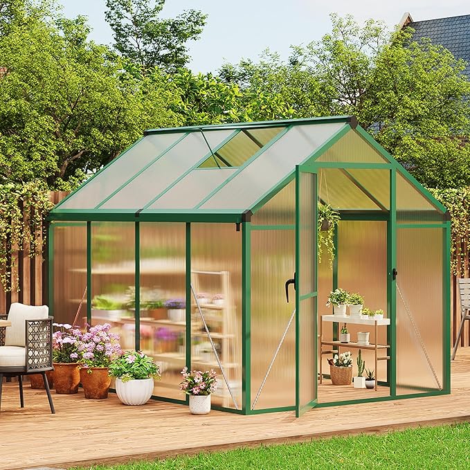 6x8 FT Greenhouse for Outdoors, Polycarbonate Greenhouse with Roof Vent, Ground Nails, Lockable Push Door, Aluminum Large Walk-in Green House for Outside Garden Backyard, Patio, Lawn, Green