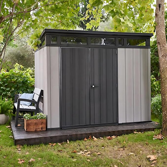 9x7 Ft All-Weather Storage Shed with Skylight,Window,Built-in Ventilation,Walls, & Lockable Double Doors for Patio Furniture Lawn Mower Tools and Bike Storage Lockable