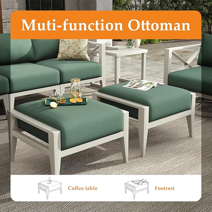 Aluminum Patio Furniture Set,8-Seats Patio Sectional Conversation Sofa with 6" All-Weather Cushions and 2 Swivel Rocking Chairs & 2 Ottomans,Outdoor Furniture Set(White)