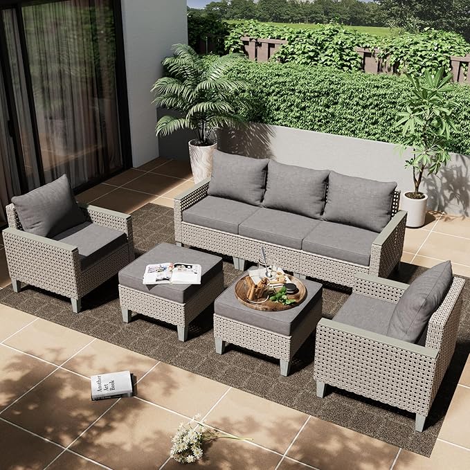 Outdoor Patio Furniture Set 7-Piece Modular Wicker Sectional Sofa with Ottomans and Thick Cushions, Modern Rattan Outdoor Conversation Couch for Garden Backyard, Grey