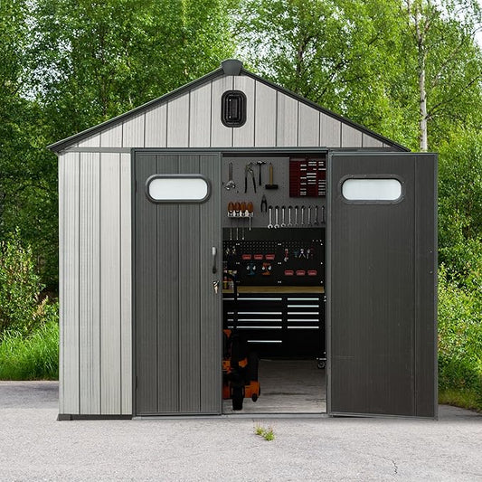 Domi 8x12 FT Outdoor Resin Storage Shed, All-Weather Double-Wall Storage Building with Lockable Doors and Ventilated Roof, Ideal for Lawn Tools, Bikes, Mowers, and Pool Equipment, Grey