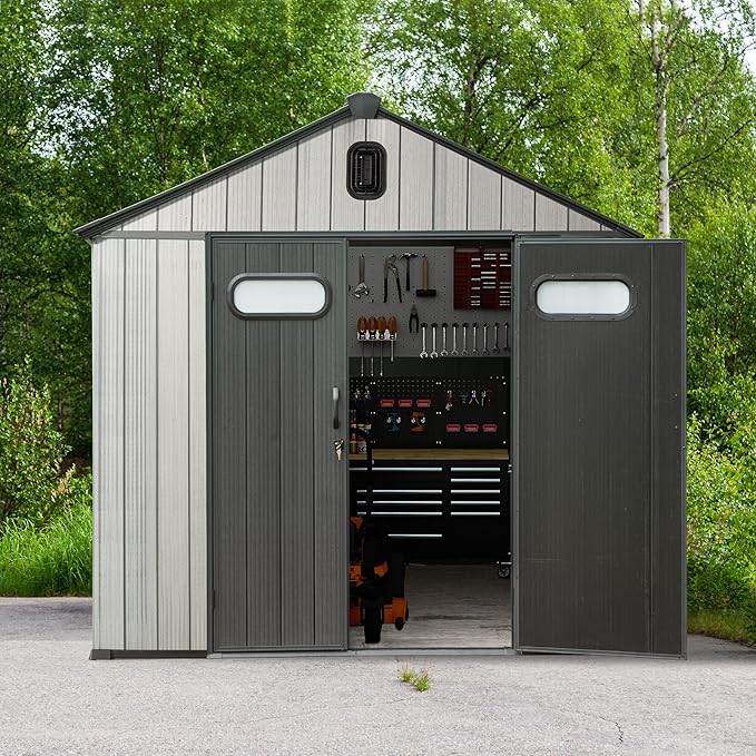 Domi 8x12 FT Outdoor Resin Storage Shed, All-Weather Double-Wall Storage Building with Lockable Doors and Ventilated Roof, Ideal for Lawn Tools, Bikes, Mowers, and Pool Equipment, Grey