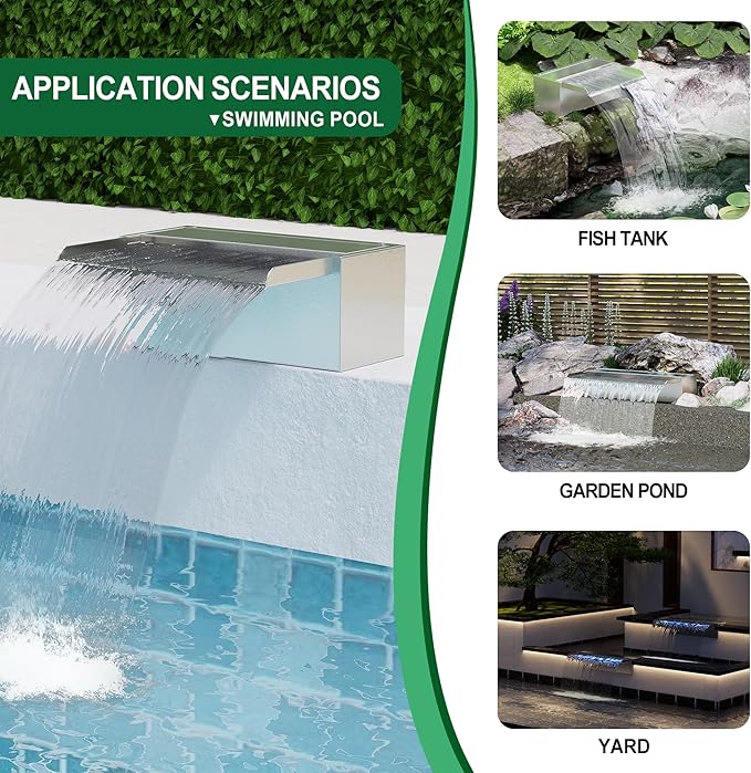 Waterfall Pool Fountain LONGRUNNEW 304 Stainless Steel 23.6" Rectangular Waterfall Spillway, Water Fall Fountain with Pipe Connector for Garden Outdoor, Swimming Pools, Fountains, Pond and Spa