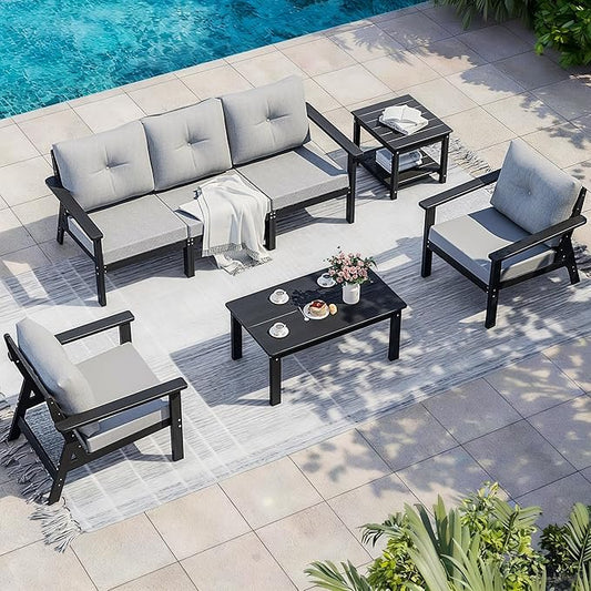 7-Piece HDPE Patio Furniture Set, All Weather Outdoor Couch with Thick Cushions, Wood Grain Outdoor Sectional with 2 Elegant Coffee Table, Durable Patio Conversation Sets for Balcony, Porch, Black