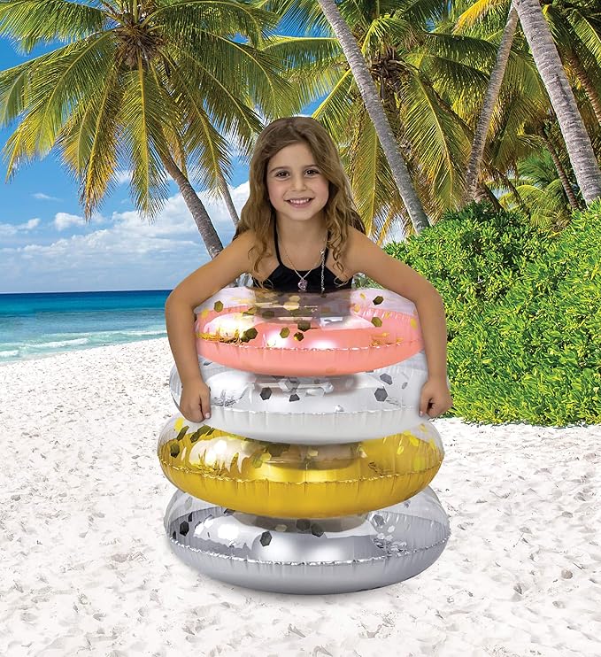 4-Pack Kids Inflatable Pool Floats - Sparkly Confetti-Filled Glitter Pool Float Rings, Cute Pool Floats in Pearl, Silver, Rose Gold, and Gold; Floating Tube Swim Rings for Pool, Beach, Lake - 23 Inch