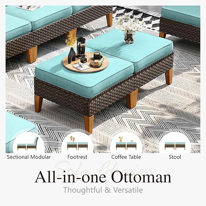 Sophia & William Patio Furniture Set with Fire Pit Table, 9 Piece Half Moon Outdoor Wicker Sectional Sofa Set, Rattan Conversation Set with 56-Inch Fire Pit Table for Backyard, Deck, Pool(Aqua Blue)