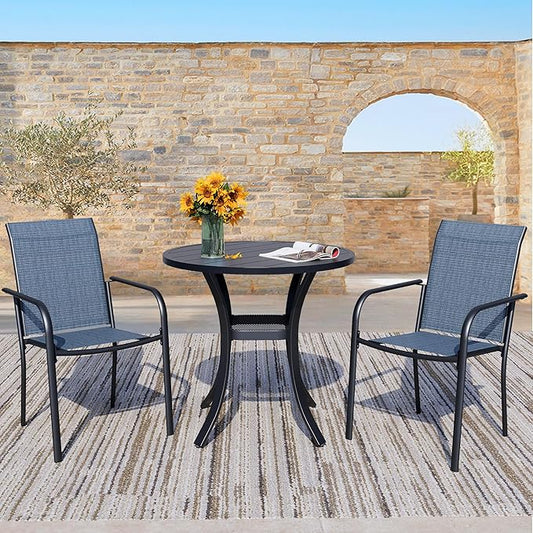 3 Piece Outdoor Dining Set, Patio Table and Chairs Set of 2, 27.6" Black Round Patio Table with 2 Blue Stackable Patio Chairs for Lawn, Garden, Porch