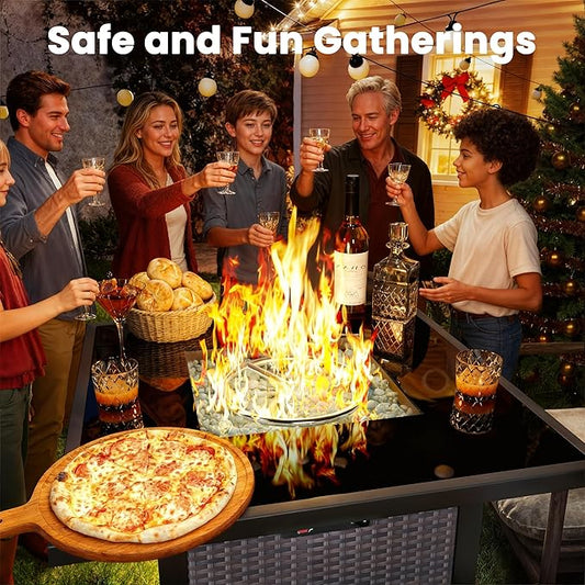 Propane Fire Pit Table, Outdoor Fire Pit Table, 28" Rattan Square Outdoor Gas Fire Pit with Glass Wind Guard, Tempered Glass Tabletop, Lid, CSA Listed, 50,000 BTU for Outside Patio Deck & Garden,Brown