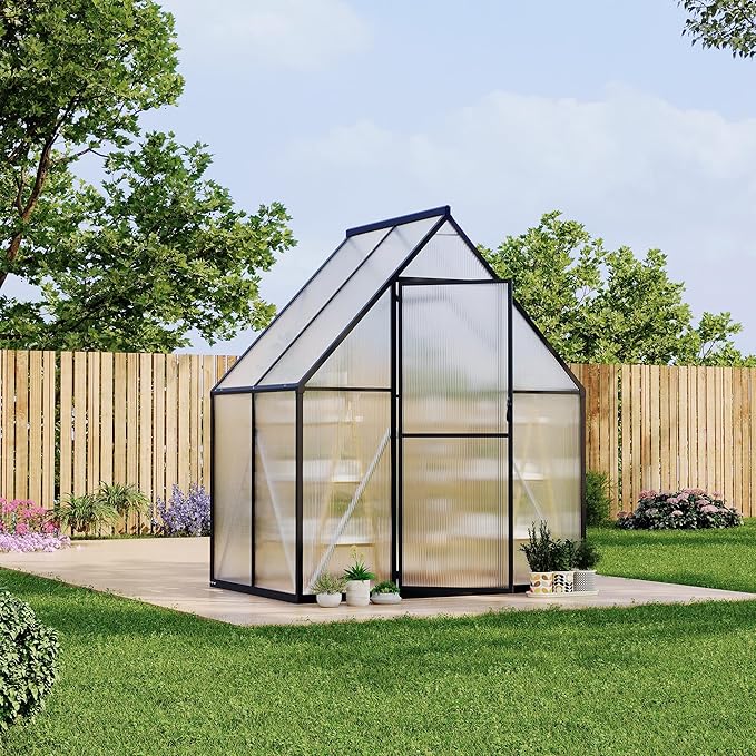 Polycarbonate Greenhouse for Outdoors, Large Walk-InGreenhouse with Quick Setup Structure and Roof Vent, Greenhouse with Ventilation