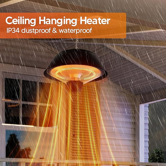 Electric Outdoor Heater, 1500W Hanging Ceiling Mounted Infrared Patio Heater for Outdoor Use, Waterproof Electric Heater for Porch, Balcony, Garage, Adjustable Height, Black