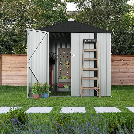 Devoko Outdoor Storage Shed 8 x 6 FT Lockable Metal Garden Shed Steel Anti-Corrosion Storage House with Single Lockable Door for Backyard Outdoor Patio (White)