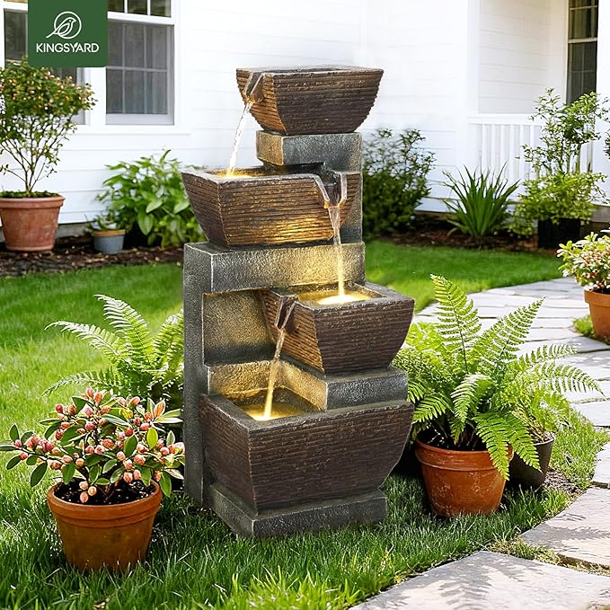 Kingsyard 4-Tier Cascading Outdoor Water Fountain with Lights, 28" Resin Rock Garden Decor with 12 Warm LEDs & ETL Certified Pump, Freestanding Water Feature for Patio, Porch, Deck & Backyard